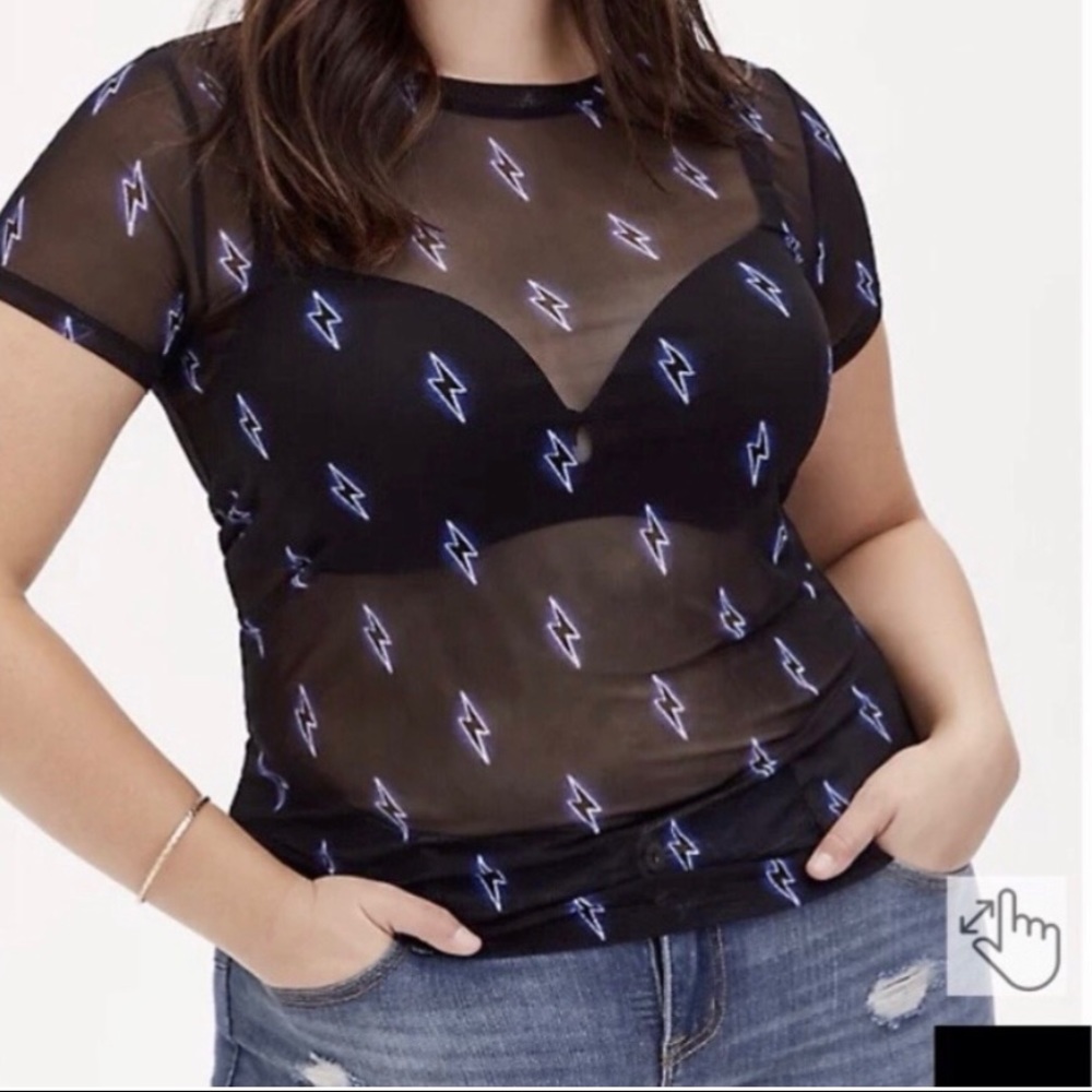 Torrid mesh black shirt with lightening bolts, size 0 (12-14).